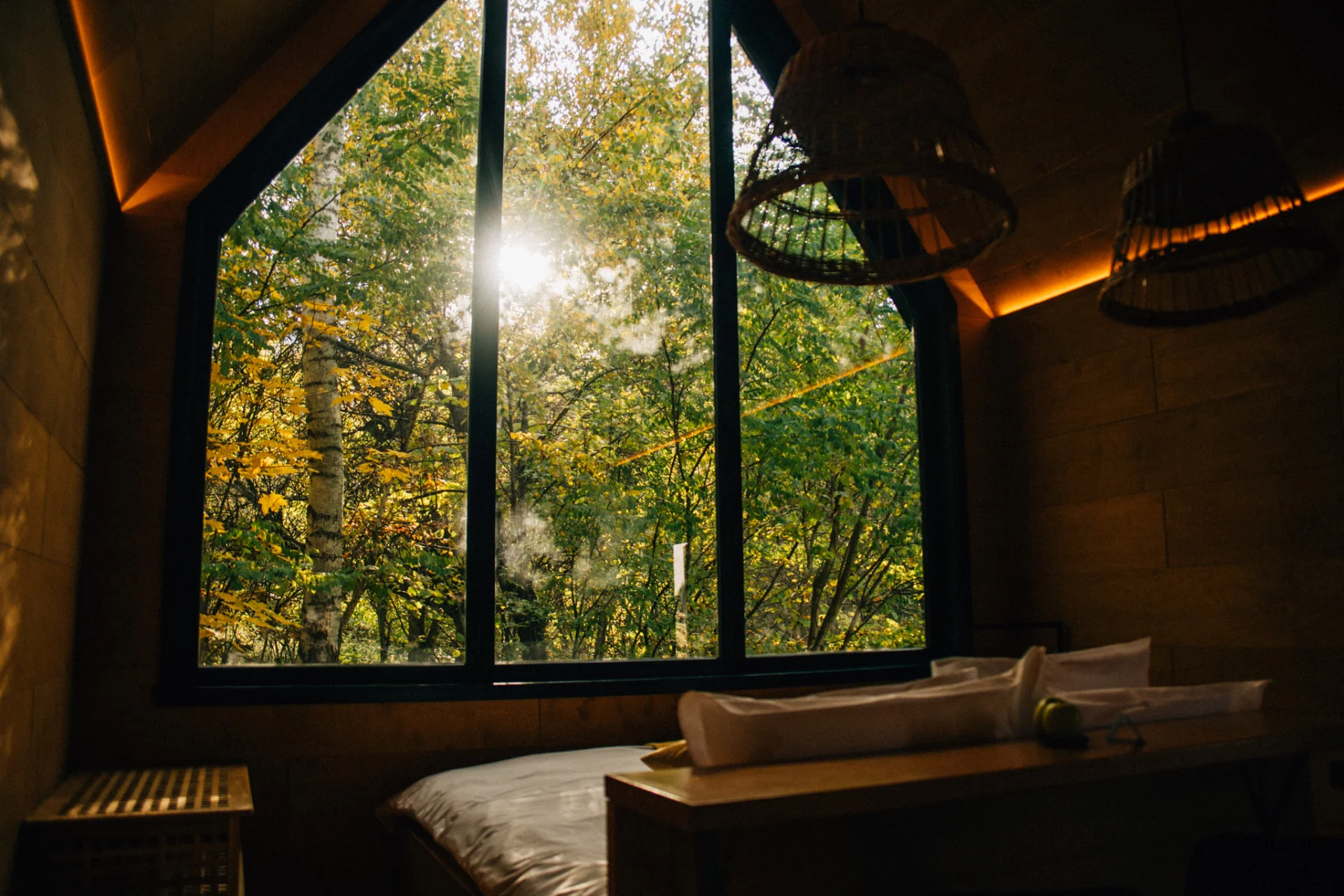 Moment de relaxare în bungalou, cu carte și apă infuzată lângă fereastră