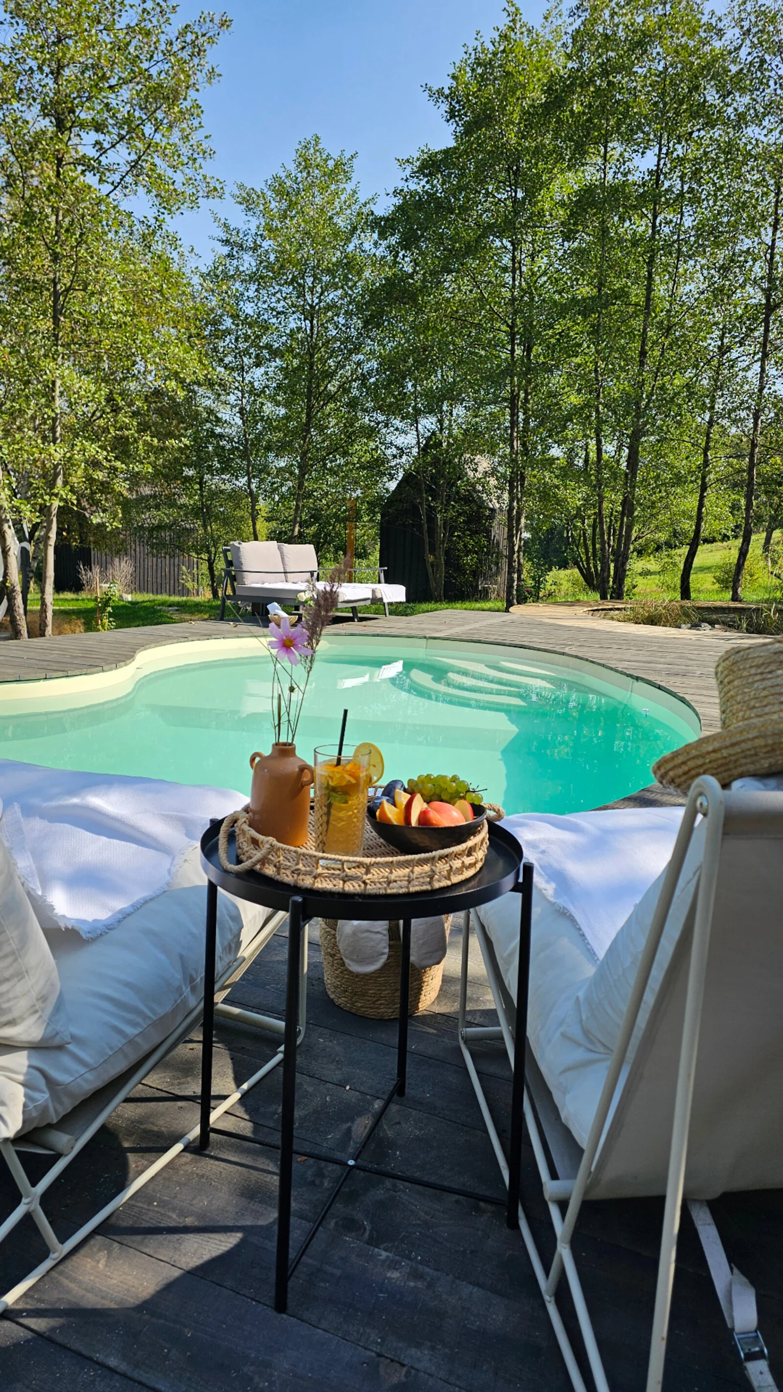 Piscină cu șezlonguri și cocktailuri la Portal Village